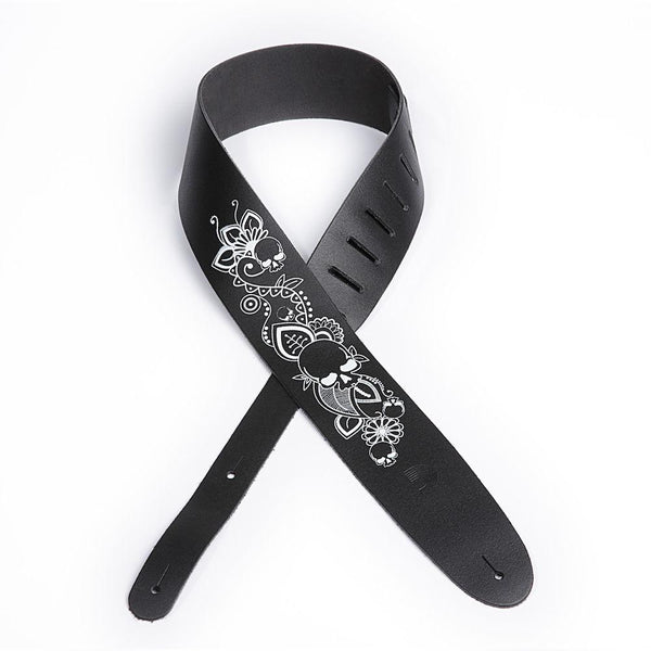 D’Addario Leather Guitar Strap, Screen Printed Skull & Flower